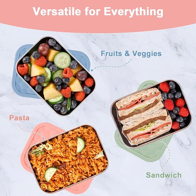 Caperci 25oz Large Stainless Steel Food Containers, 3-Pack Bento Lunch Box with Silicone Lids, Leak-Proof Reusable Meal Prep Container for Sandwiches & Snacks, BPA-Free (720ML)