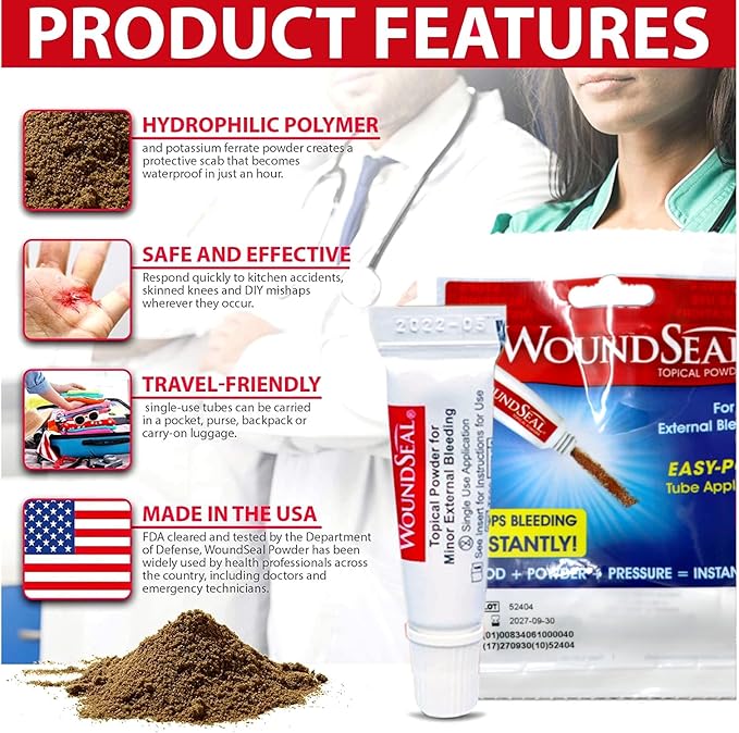 WoundSeal Topical Powder Wound Care First Aid for Cuts, Scrapes and Abrasions Single Use, 4 count (Packaging May Vary)