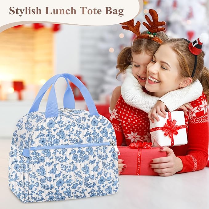 KUBYA Lunch Bag Lunch Box for Women, Cute Corduroy Insulated Reusable Work Leakproof Simple Adults Flower Large Lunch Boxes Tote Bag Men Cooler Bag