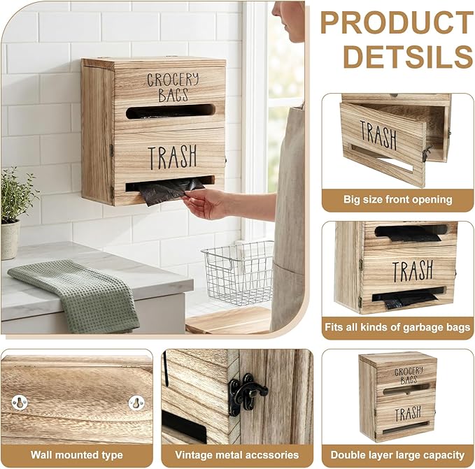 2 in 1 Trash Bag Dispenser, Double Wall Mounted,Wood Trash Bag Holder, used in kitchen, garage, laundry room, can store Environmentally friendly food bags (White/Brown(10inch*5.5inch*12.2inch）)