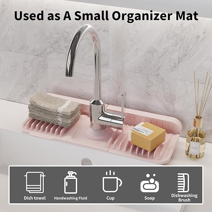 WAFT YEARN 14X5 Inch Silicone Durable Faucet Mat Kitchen Sink Splash Guard Draining Protector Tray Liner Absorbent Protective Counter Accessories For Sink Kitchen Bathroom Laundry Room Bar & RV Pink
