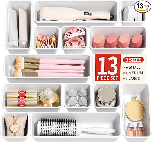 13 Pack Plastic Drawer Organizers Set, 3 Sizes Desk Drawer Organizer Trays for Vanity and Makeup Organizer, Organization and Storage for Makeup, Kitchen Utensils, Bathroom and Office(White)