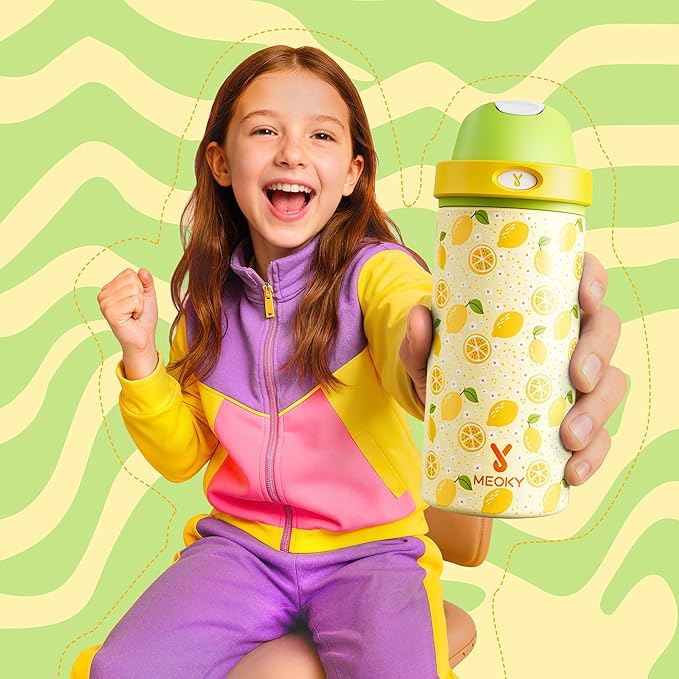 18 oz Stainless Steel Water Bottle for Kids: Meoky Insulated Water Bottle with 2-in-1 Straw and Spout Lid - Leak Proof, Cold for 24 Hours, BPA-Free for Boys Girls School Backpacks Sports, Sunny Lemons