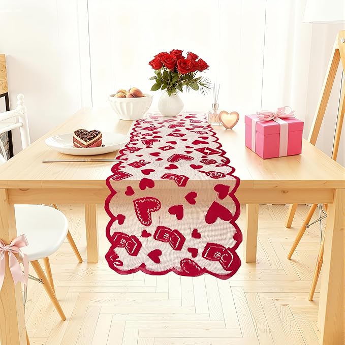 OHOME Valentines Day Decorations - Red Lace Table Runner | Valentines Day Decor Party Supplies Favors - Galentines Day Decorations Holiday Heart Table Cloth Centerpiece for Wedding Home Kitchen