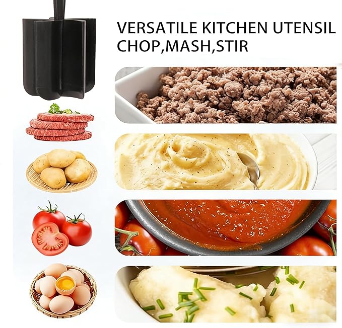 Meat Chopper, 5-Blade Curved Potato Masher & Hamburger Meat Smasher, Ground Beef Chopper, Premium Heat-Resistant Masher for Beef, Chicken and More