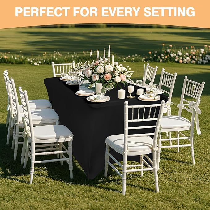 10 Pack 4 Feet Black Spandex Tablecloth for Rectangular Tables, Fitted & Stretch, Washable, Wrinkle Resistant, Perfect for Event, Wedding, Party, Banquet, Cocktail, Festival, and Table Protector
