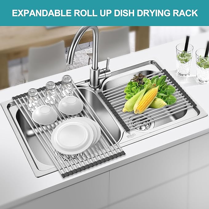 Extra Large Expandable Roll Up Dish Drying Rack,Over The Sink Drying Rack Sink Cover Kitchen Sink Accessories Kitchen Rolling up Stainless Steel Drainer, Foldable,Rollable（Black，25.1''-12.4''）