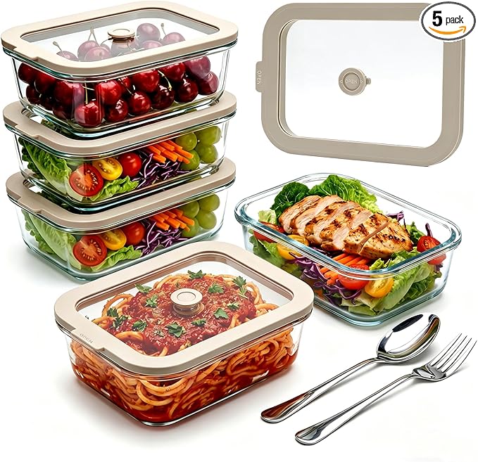 5 Pack 35 oz Glass Meal Prep Containers, Plastic-Free Glass Food Storage Containers with Lids, 4.4 Cups Airtight Glass Lunch Containers for Leftovers, Microwave, Oven, Freezer and Dishwasher