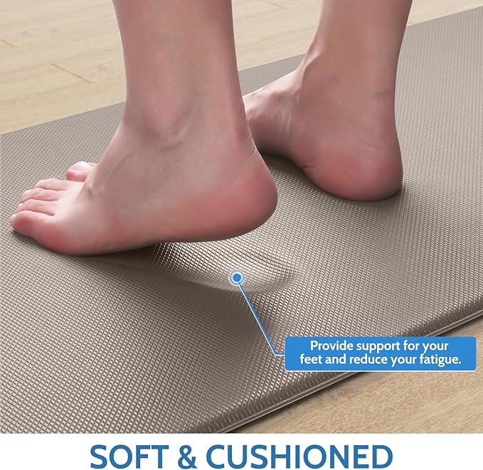 StepLively Kitchen Mat, 2 PCS Kitchen Rugs, Cushioned Kitchen Mats for Floor, Anti Fatigue Kitchen Rug Set, Non-Skid Standing Mat for Kitchen, Office, Sink, 17.3"x30"+17.3"x70", Khaki