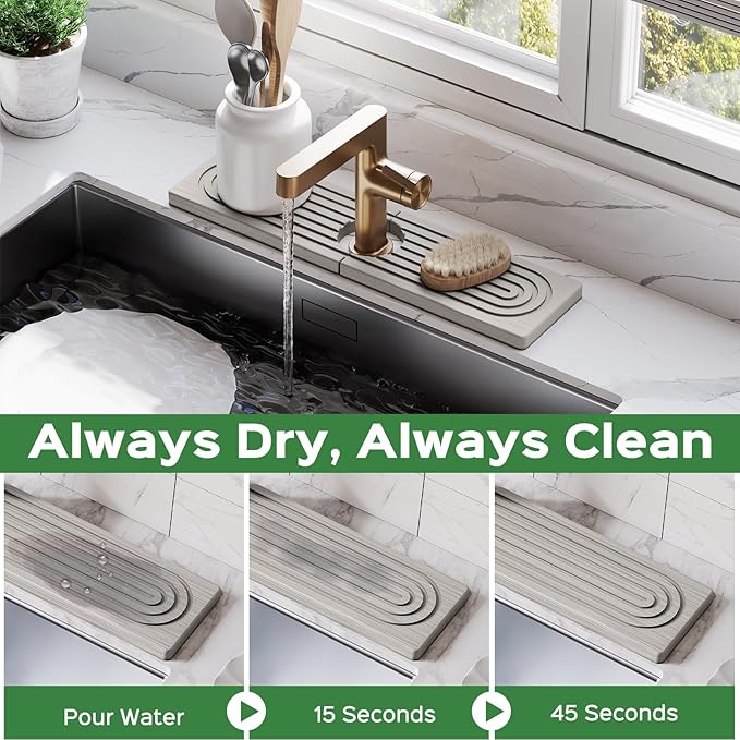 15.7 Inch Stone Faucet Mat for Kitchen Sink Splash Guard - Diatomite Quick Dry Stone Mat Kitchen Sink Protectors, Water-Absorbent Faucet Handle Drip Catcher Tray with Drainage (Gray, 15.7" x 3.9")
