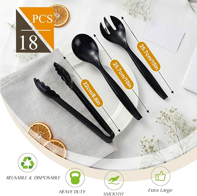 Mwellewm 18Pcs Serving Utensils, 10'' Plastic Serving Utensils Set, Disposable Serving Spoons for Buffet, Large Serving Tongs for Food, Heavy Duty Party Supplies for Salad Soup Cooking Catering(Black)