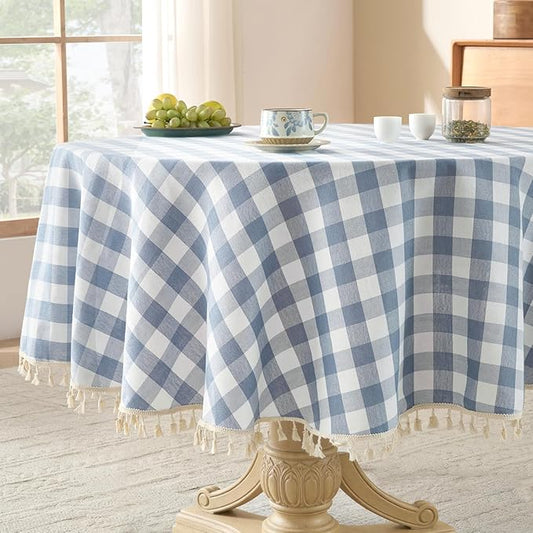 Softalker Checkered Tablecloth 70 x 70 Inch Round, Outdoor Linen Cotton Gingham Table Cloth with Tassel, Heavy Duty Wrinkle Free Buffalo Plaid Table Cover for Kitchen Dining Summer Party - Blue