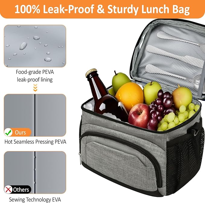Vankor Insulated Lunch Bag for Men Women, Reusable Lunch Box Leakproof Cooler Lunch Tote Bag with Adjustable Shoulder Strap for Work Office Picnic Beach Travel, Cationic Light Grey