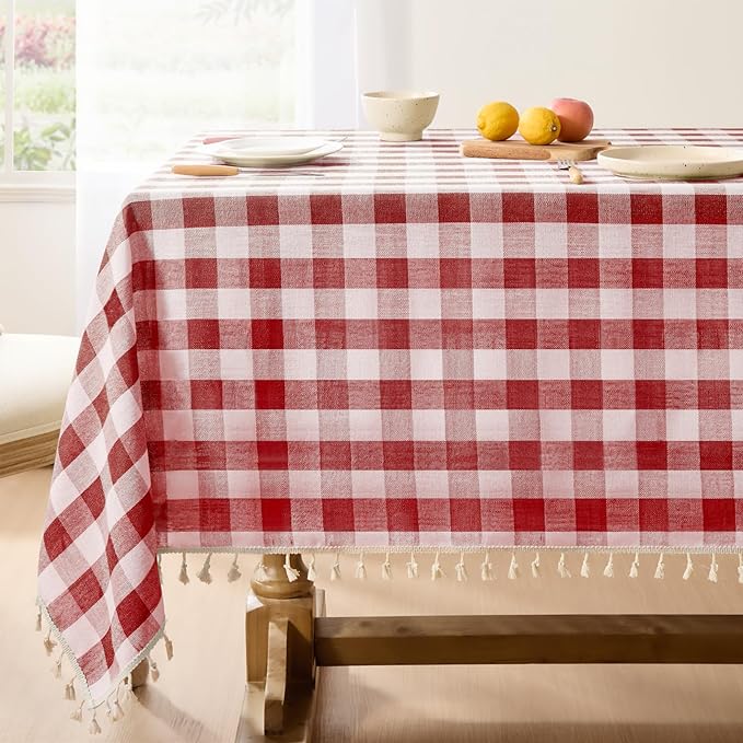 Softalker Checkered Tablecloth Rectangle, Outdoor Linen Cotton Gingham Table Cloth with Tassel, Heavy Duty Wrinkle Free Buffalo Plaid Table Cover for Kitchen Dining Summer Party - 55 x 70 Inch, Red