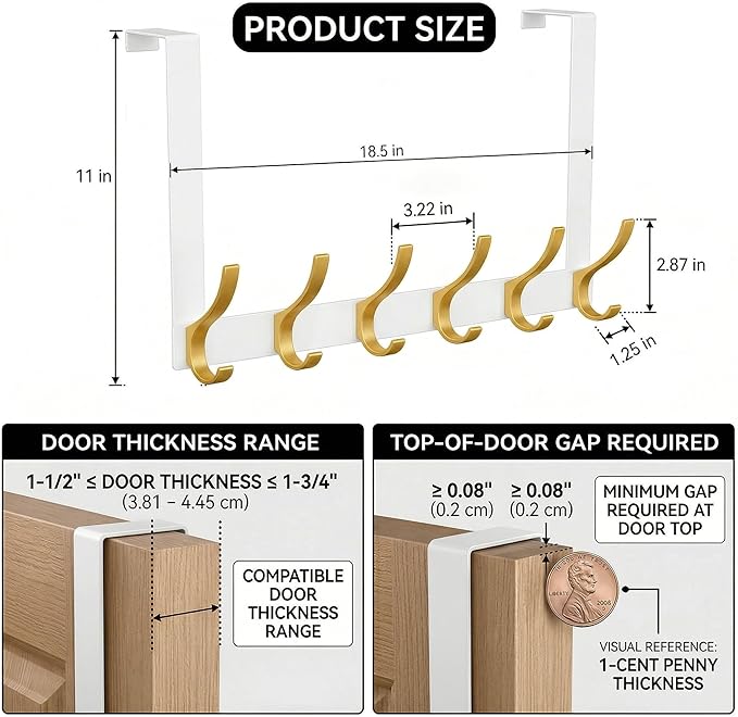 11" Over The Door Hooks for Hanging, Heavy Duty Door Towel Rack with Custom Gold Hooks, Anti-Scratch 4 Pads, 12 Dual-Layer Hooks for Bathroom Bedroom Kitchen, White Gold