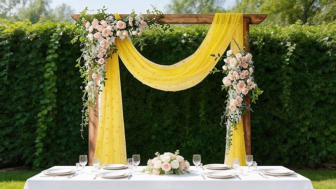 Socomi Pearl Table Runner Yellow Summer Wedding Arch Draping Fabric 19FT Sheer Tulle Chiffon Gauze Cheese Cloth Outdoor Drapes for Birthday Party Baby Shower Bridal Engagement Decor