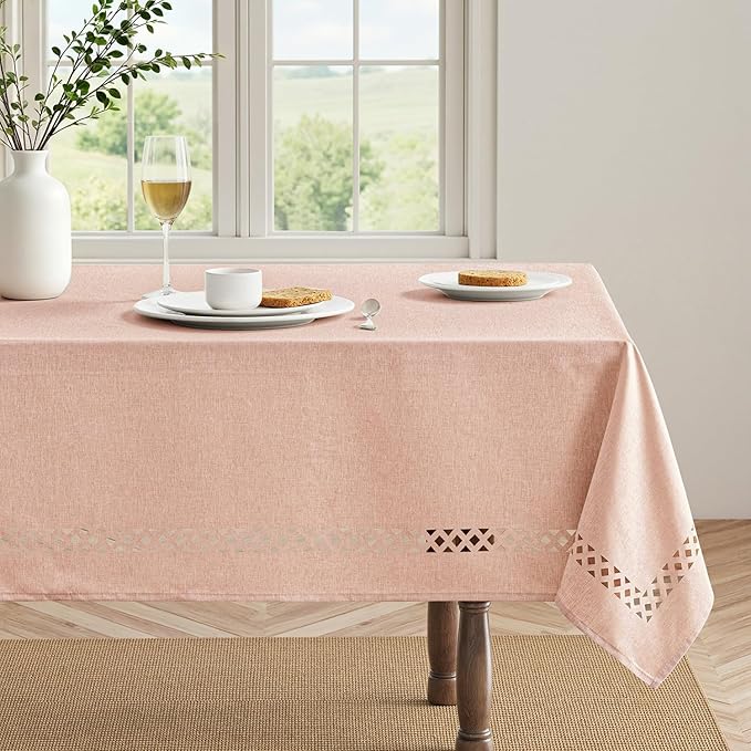 MIULEE Pink Rectangle Linen Polyester Tablecloth with Decorative Cutouts Spring Waterproof Stain Resistant & Shrink-Proof Table Cloth 52x70 inch Farmhouse Style for Dining Wedding and Outdoor