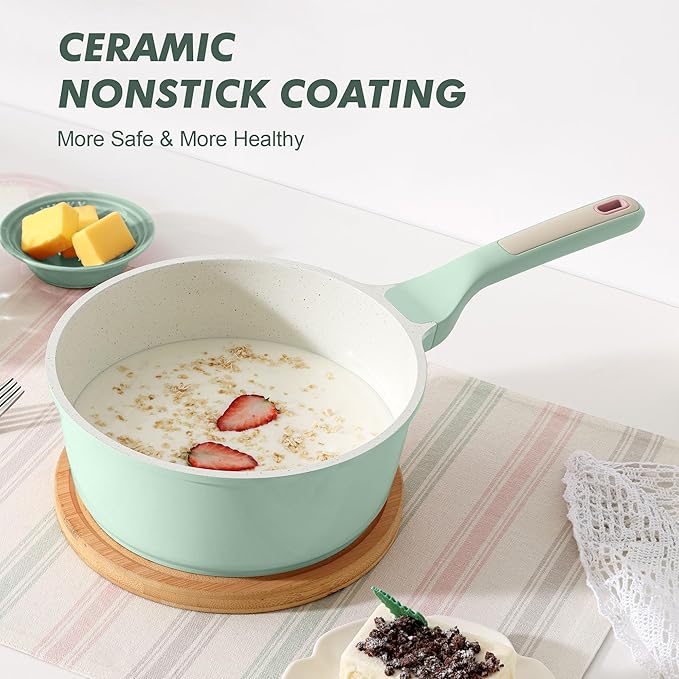 SENSARTE Ceramic Nonstick Saucepan with Lid 2.0 Quarts, Small Cooking Pot with Stay Cool Handle, Induction Compatible Saucepot, Ceramic Coating, Free of Intentionally Added PTFE/PFOA/PFAS, Mint Green