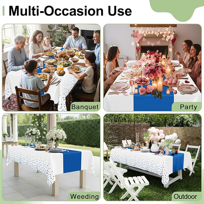 Smiry Plastic Table Cloth Disposable 3 Pack, 54 x 108 Inch Rectangle Waterproof Tablecloth, Printed Gold Table Runner Style for Birthday Weeding, Party Decorations, Leakproof & Sturdy, White and Blue