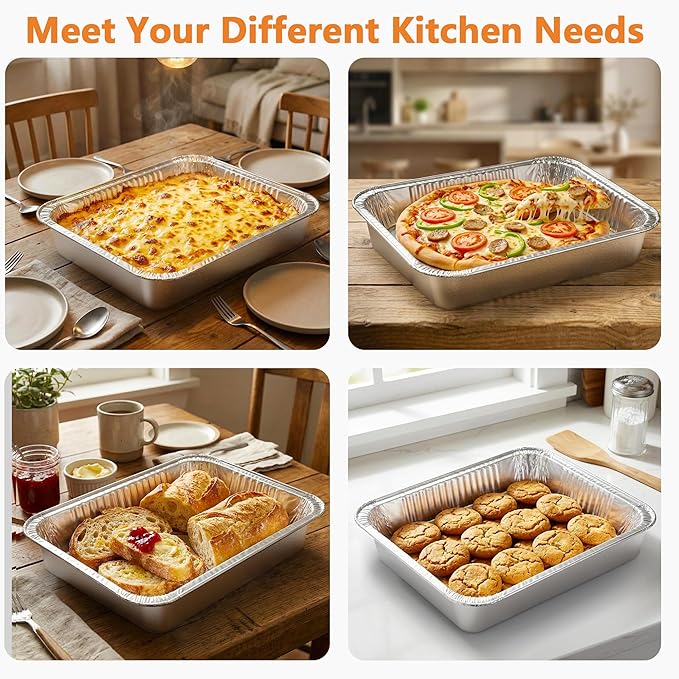 9x13 Baking Pan - Rectangle Cake Pan Deep Heavy Duty Stainless Steel Oven Safe Roasting Baking Pan for Lasagna Brownies Casseroles, with Half Size 10 Pack Disposable Aluminum Foil Pans 9x13