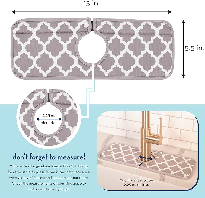 S&T INC. Microfiber Kitchen Faucet Sink Mat Drip and Splash Catcher with Snap Fastener, Absorbent and Reversible, 15 Inch x 5.5 Inch, White Trellis