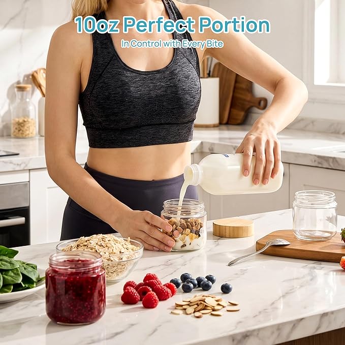 Vtopmart 4 Pack 10oz Glass Overnight Oats Containers with Bamboo Lids, Portable Wide Mouth Glass Jars Leak-proof, Reusable Food Storage Containers for Meal Prep, Jam, Sauce, Salad Dressing, and Snacks
