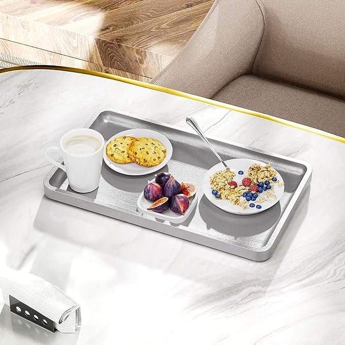 Weenson Bathroom Vanity Tray for Countertop Decor Perfume Makeup Toiletries Toilet Tank, Large Bamboo Kitchen Tray for Spice Salt, Serving Tray for Food Coffee, Nightstand Candle Silver 14.2”x8.3”