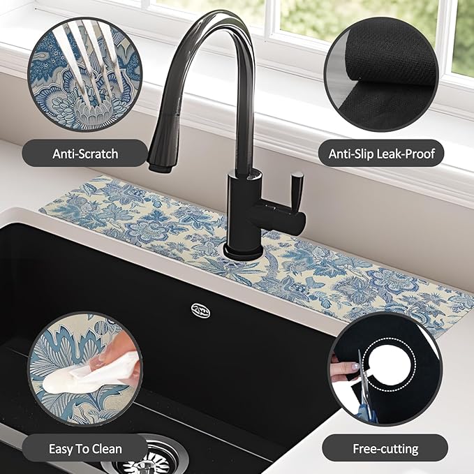24" X 5.5" Kitchen Sink Splash Guard Faucet Mat Flora Super Absorbent Fast Drying Faucet Guard & Draining Mat Sink Splash Guard Behind Faucet for Kitchen, Bathroom