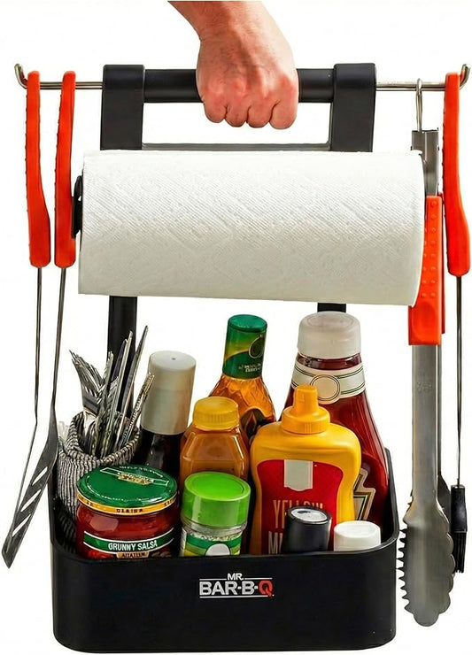 Mr. Bar-B-Q Collapsible BBQ Grilling Caddy w/Extended Hook, Store All Grilling Accesories in One Place, BBQ Caddy for Outdoor Barbecue, Camping Trip, Roller Towel Holder, Kitchen Storage Organizer