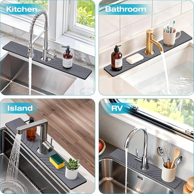 Stone Faucet Mat for Kitchen Sink - Fast Drying Diatomite Stone Drying Mat, Textured Drainage Sink Protector, Water Splash Guard with Base Pads for Bathroom Counter (23.7x4 in, Dark Gray)