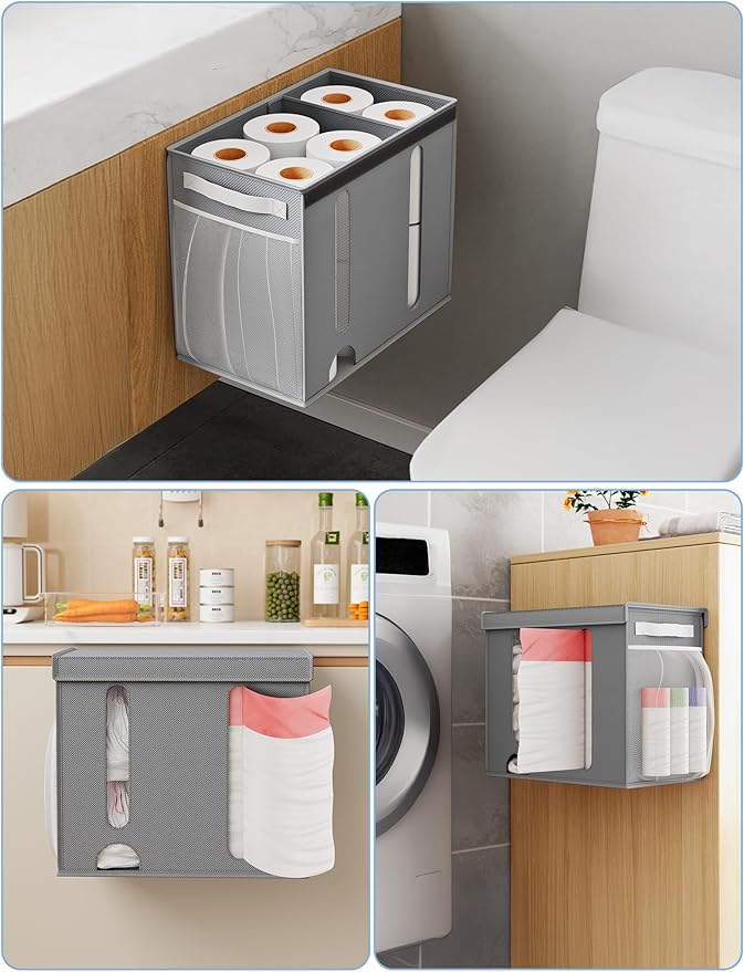 NiHome 2-in-1 Nonwoven Fabric Trash Bag Dispenser & Grocery Bag Holder, Large Adjustable Organizer for 4-33 Gallon Rolls, Wall-Mounted or Countertop Use, Multi-Purpose for Kitchen, Bathroom (Gray)