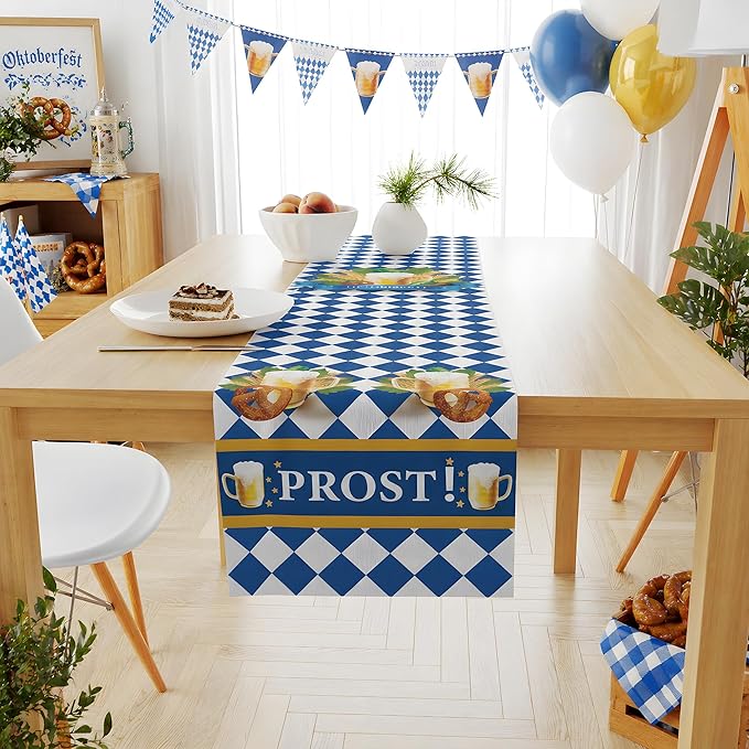 Oktoberfest Decorations - Oktoberfest Table Runner | Blue and White Tablecloth for October Festival Party Decorations - Bavarian German Beer Party Accessories Decor Favors Supplies