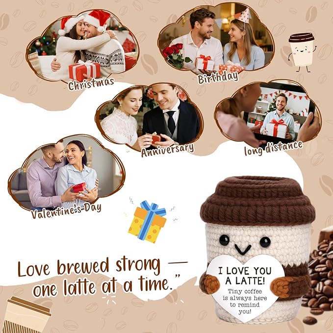 OCCdesign Mini Anniversary Birthday Gift I Love You Appreciation Present for Teacher Mom Dad Handmade Crochet Coffee Set with Coffee Lover Gifts Thank You Birthday Present