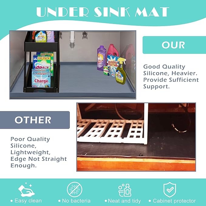 URMONA Waterproof Silicone Under Sink Mat 28'' x 22'' Shelf Liner for Kitchen and Bathroom, Cabinet and Counter Protector, Storage and Organizers, Litter Mat, Pet Cat Puppy Essentials(Brown)