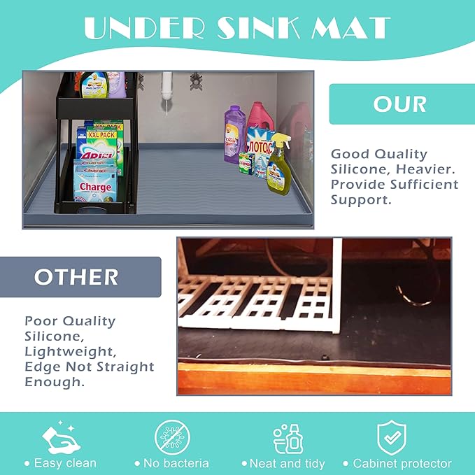 URMONA Waterproof Silicone Under Sink Mat 28'' x 22'' Shelf Liner for Kitchen and Bathroom, Cabinet and Counter Protector, Storage and Organizers, Litter Mat, Pet Cat Puppy Essentials(Green)