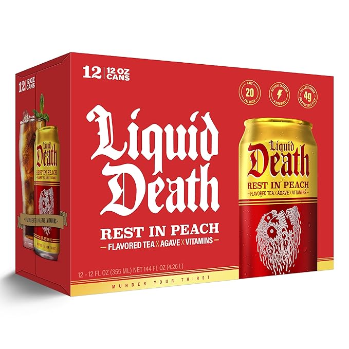 Liquid Death Iced Tea - Rest In Peach (Peach-Flavored Black Tea), Less Sugar*, Boost of Caffeine, B Vitamins, No Artificial Sweeteners, 12 Fl Oz (Pack of 12)