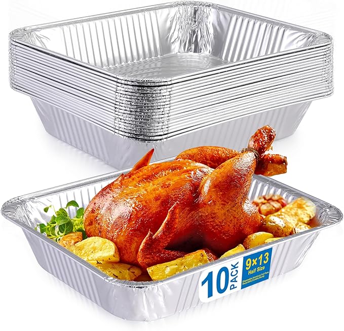 Aluminum Foil Pans 9x13 Disposable - Half Size Aluminum Foil Heavy Duty deep Steam Table Pan, Tin foil Turkey Sheets Tray Chafing Grill Accessories for Cooking, Baking, Storing, Food Prepping (10)