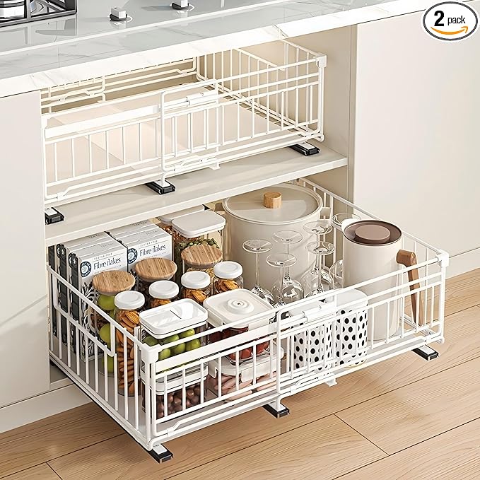 NETEL 2 Pack Expandable Pull Out Cabinet Organizer, Raised 6.69" guardrail, Adjustable Width 13"-20.07", 3 Rails No Drill Adhesive Peel And Stick, Adhesive Pull Out Drawers for Cabinets, White