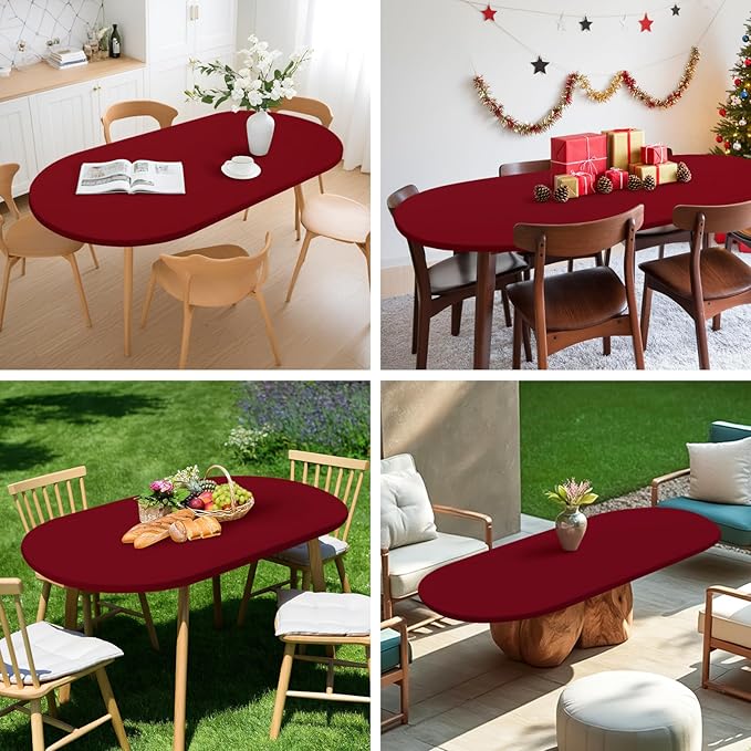 NEWISHER Fitted Oval Tablecloth 42 x 60 Inch Elastic Table Cloth, Stretch Spandex Table Cover Burgundy Washable Polyester Top Cap Cover for Dining Picnic Camping Indoor and Outdoor