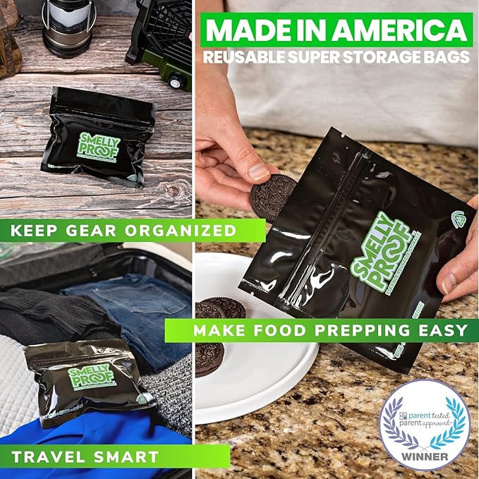 Smelly Proof Reusable Food Storage Bags, Reusable Sandwich Bags, Reusable Freezer Bags, Black 4-Mil Thick, Heavy Duty, US-Made Non-Silicone, BPA Free, No PEVA, 6” x 4”, 50-Pack