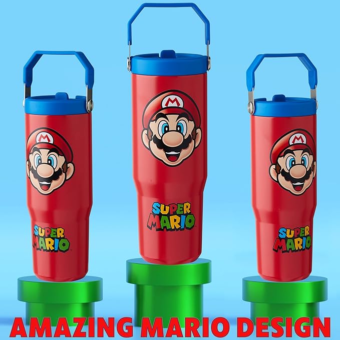 Get Trend Super Mario Tumbler Stainless Steel with Straw 30oz Kids Teens Insulated Cup with Lid Travel Mug Cups for School Sports Gifts for Kids (Red Super Mario)