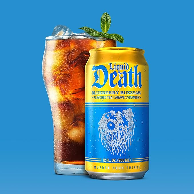 Liquid Death Iced Tea - Blueberry Buzzsaw (Blueberry-Flavored Black Tea), Less Sugar*, Boost of Caffeine, B Vitamins, No Artificial Sweeteners, 12 Fl Oz (Pack of 12)