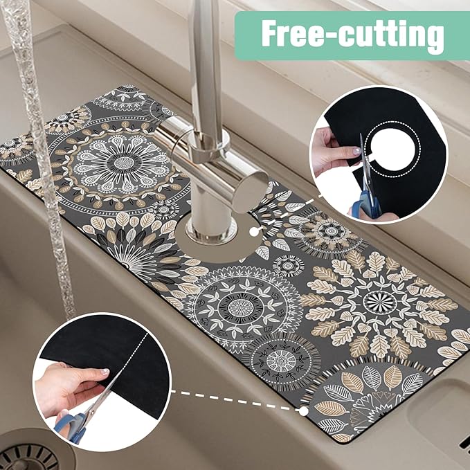 2 Pack Kitchen Sink Splash Guard Faucet Mat 24" X 5.5" Mandala Absorbent Fast Drying Mat Faucet Draining Mat Sink Splash Guard Behind Faucet Drip Catcher for Kitchen Bathroom