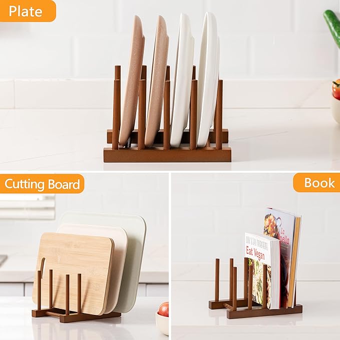 HBlife 2pcs Teak Dish Plate Bowl Cup Book Pot Lid Cutting Board Drying Rack Stand Drainer Storage Holder Organizer Kitchen Cabinet（Keep Dry）