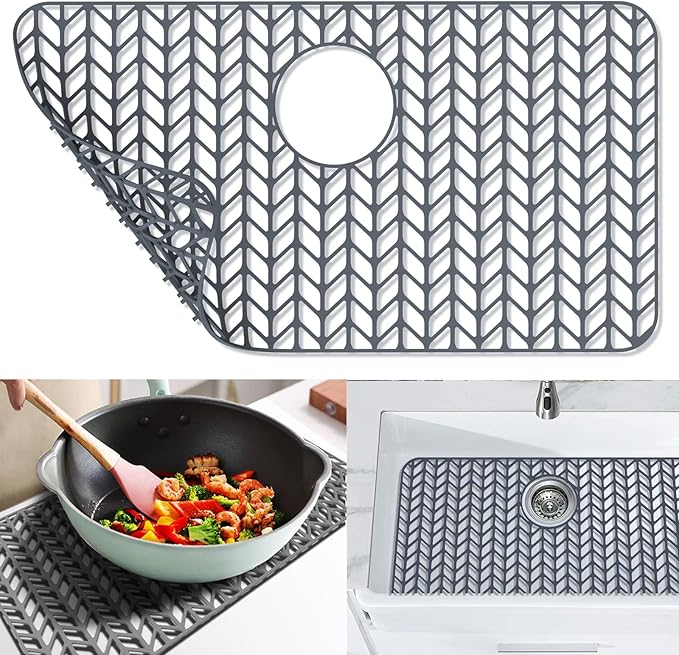 Sink Protectors for Kitchen Sink 12"13"16"18"19"24"26"28"29"30",Silicone kitchen sink mats protector for bottom of farmhouse sink(26"x14"Rear Drain Gray)