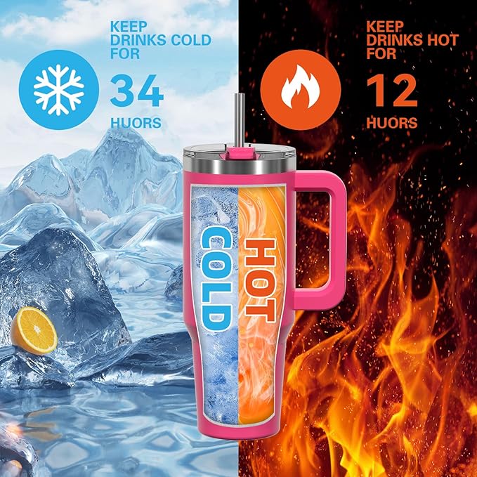 40 oz Tumbler with Handle,Tumbler with Lid and Straw,Double Wall Insulated Cup Stainless Steel Travel Mug(Cold for 34 Hours),Water Bottle for Iced Tea,Coffee,Cold Beverages(Gloss Pink)
