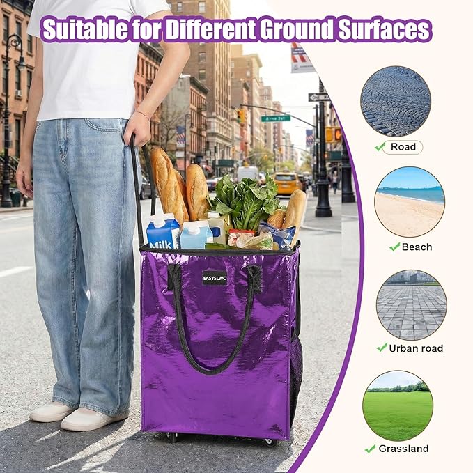 Reusable Hauler Rolling Tote Bag, Collapsible Portable Shopping Bag with Wheels for Groceries, Apartments Laundry, Organization , Heavy Duty Utility Tote Bag, Travel and Moving, 75lbs, Glossy Purple