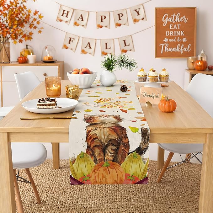 Fall Decorations for Home - Cute Autumn Cat Pumpkin Table Runner | Thanksgiving Friendsgiving Decorations for Home Indoor Outdoor - Fall Table Centerpieces Backdrop for Kitchen Dining Room Office