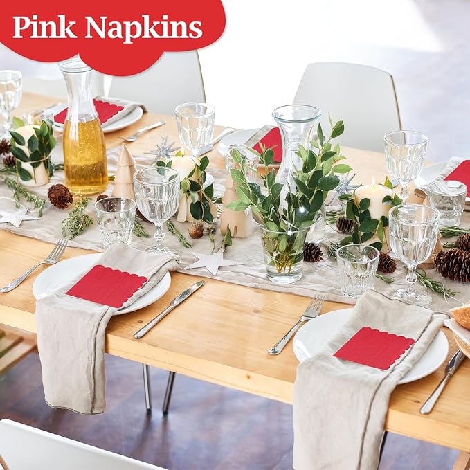 100 Pcs Cocktail Napkins, 2-Ply 5 x 5 Inches Disposable Scalloped Napkins, Thick Premium Dessert Napkins for Party, Wedding, Dinner, Birthday, Anniversary, Festival (Red)