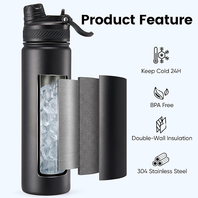 Fijinhom 24 oz Insulated Water Bottle, 2-in-1 Straw and Spout Lid Stainless Steel Thermos, Leak-Proof, Double Wall Vacuum Flask, Keep Cold 24H for Outdoor, Sports, Travel, School (Black)